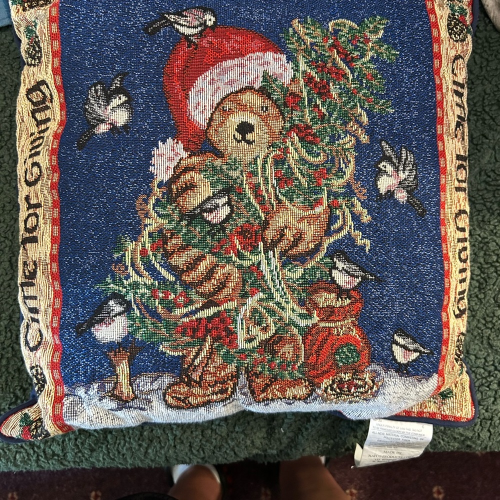 Holiday Bear Tapestry Pillow - Blue and Red
